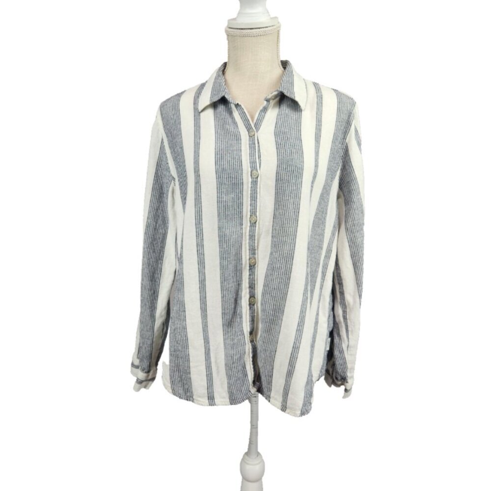 Orvis Linen Blend Button Down Shirt Womens L Roll Tab Gray White Stripe Coastal